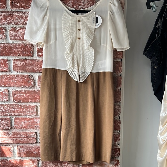 Cream and Brown Ruffle Dress SANDRO paris 100% silk ruffle pleated summer dress - Picture 2 of 9